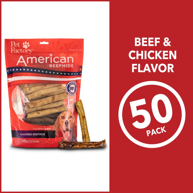 Pet Factory American Beefhide 5" Chip Rolls Dog Chew Treats - Beef & Chicken Flavor, 50 Count/1 Pack - Image 4